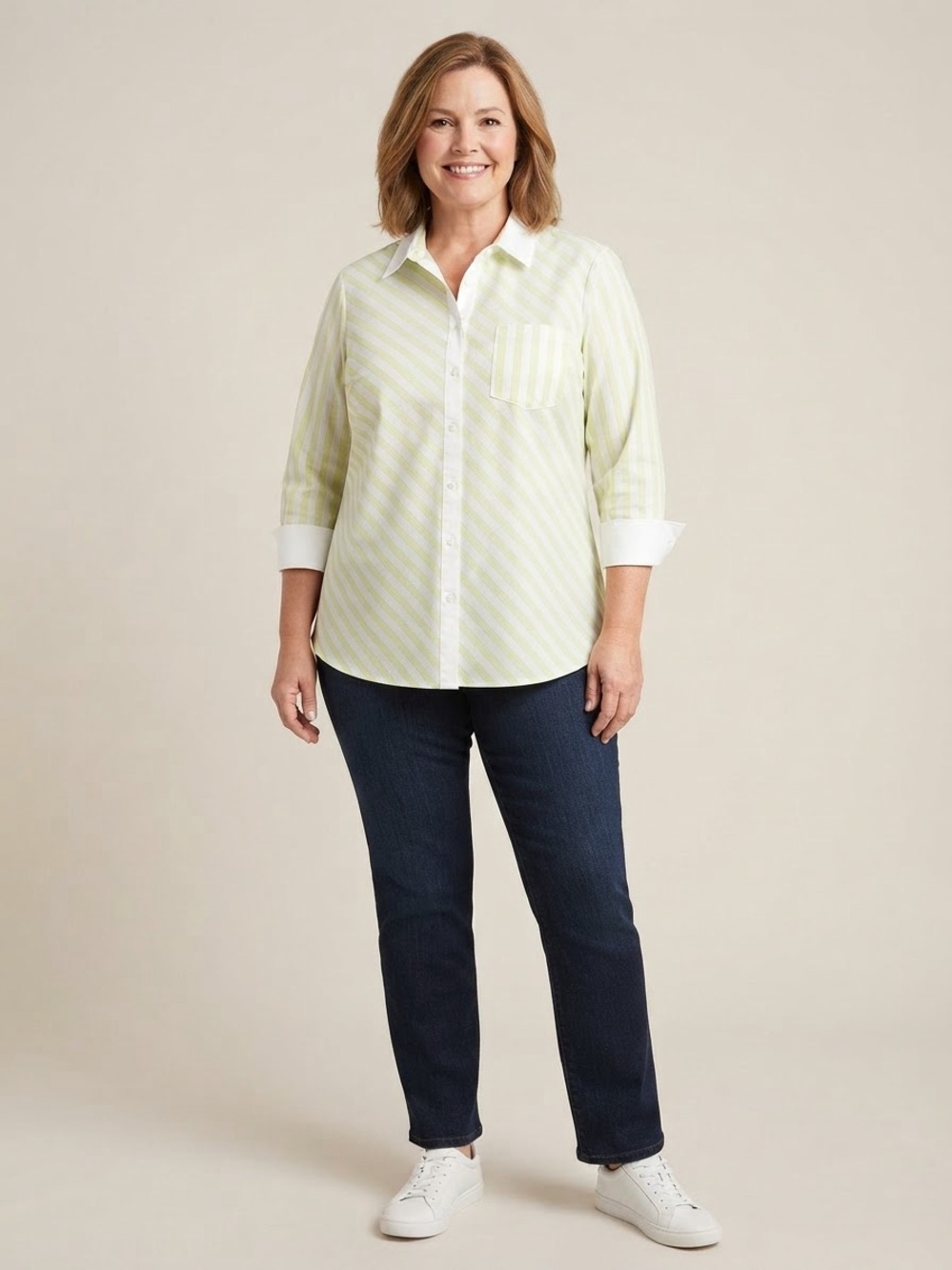 Chico's No Iron Chevron Stripe Stretch Button Down Shirt Green White 3P XL